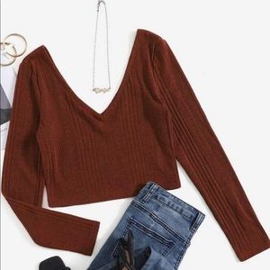 Double V-neck Rib Knit Crop Top